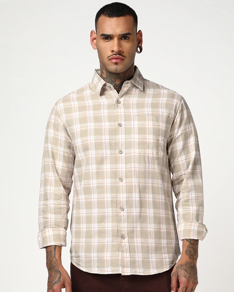 bewakoof Men's Beige Checked Cotton Linen Shirt